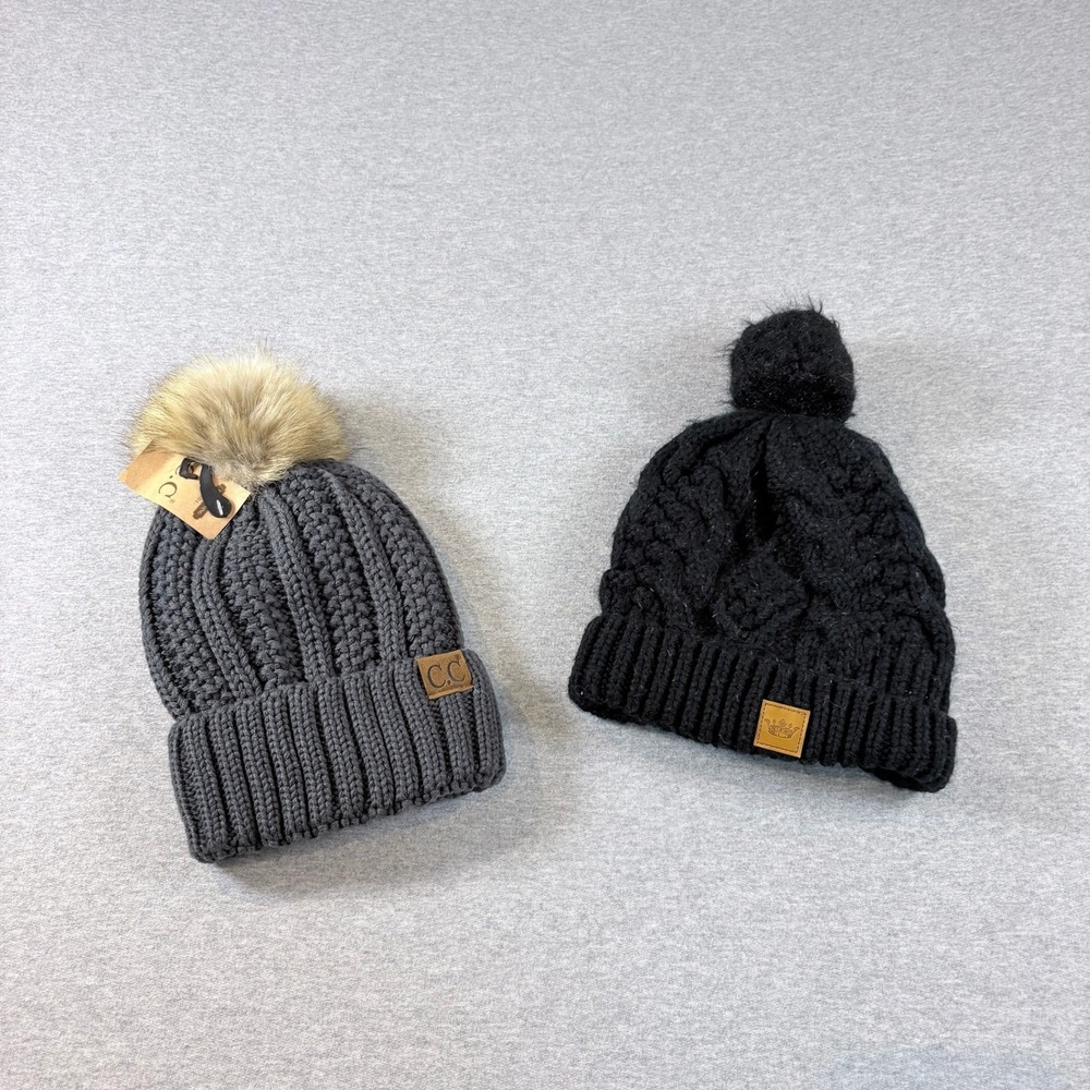 C.C. & Panache Beanie Hat Womens‎ One Size Gray Black Pom Cable Knit Lot of 2